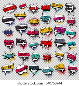 Big Set Colored Comic Text Sound Effects Pop Art Style. Collection Vector Bubble Icon Speech Phrase, Cartoon Exclusive Font Label Tag Expression, Sounds Illustration Background. Comics Book Balloon