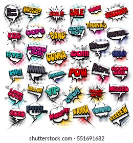 Big set colored comic text sound effects pop art style. Collection vector bubble icon speech phrase, cartoon exclusive font label tag expression, sounds illustration background. Comics book balloon.