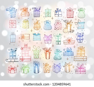 Big set of colored doodle christmas gift boxes on white glowing background