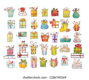 Big set of colored doodle gift boxes.