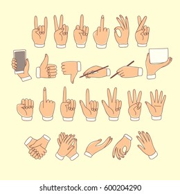 Big set of colored doodle hands showing pointing, like, dislike, victory, holding stuff, writing, clapping. Hand drawn vector cartoon illustration for your design.