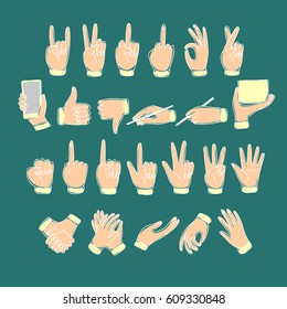 Big set of colored doodle hands showing pointing, like, dislike, victory, holding stuff, writing, clapping. Hand drawn vector cartoon illustration for your design.