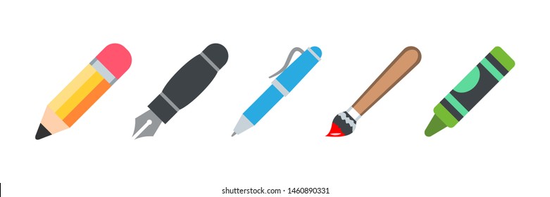 Big set of colored engineering and office pens and pencils in flat cartoon design style