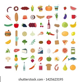 Big set of  colored  food Icons. Collection of various meal, fish and meat, vegetables and bread.