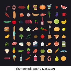 Big set of  colored  food Icons. Collection of various meal, fish and meat, vegetables and bread.