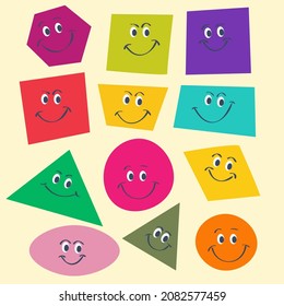 Big set  colored geometric shapes with various joyful emotions. Drawing hand work style. Flat design. Vector illustration.