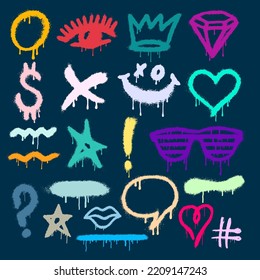 Big set of colored graffiti spray pattern. Design symbols, glasses, scribble, crown, arrow, star, eye with spray texture. Grunge elements for banner, decoration, poster, street art and ads.