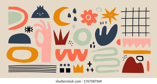 Big set of colored Hand drawn various Shapes and doodle objects, curves, dots. Abstract contemporary modern trendy Vector illustrations. All elements are isolated. Pastel colors