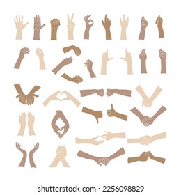 Big set of colored hands, basic gestures. Minimalistic flat style