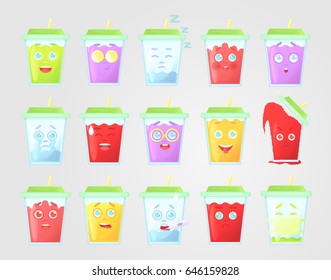 Big set of colored lemonade with emotions. Closed green cover with straw. Summer drink. Emotional icon, emoticon for message and communication. Vector illustration, isolated on gray background.