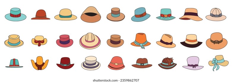 Big set of colored outline hats. Hand drawn doodle hat isolated on white background. Hats outline icons collection. 