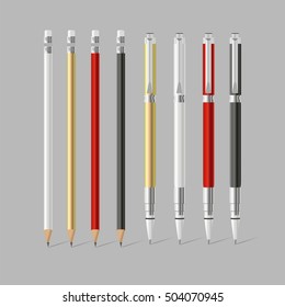 Big set of colored pens and pencils with erasers, vector illustration