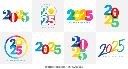 Big set of colored watercolors 2025 number design template. Happy New Year 2025 multiple colored numbers logo. Vector illustration for Holiday design