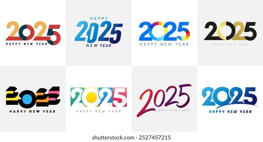 Grande conjunto de colorido 2025 modelo de design de número. Design de texto do logotipo Premium 2025 New Year. Coleção de ícones coloridos 2025 Feliz Ano Novo. Ilustração vetorial