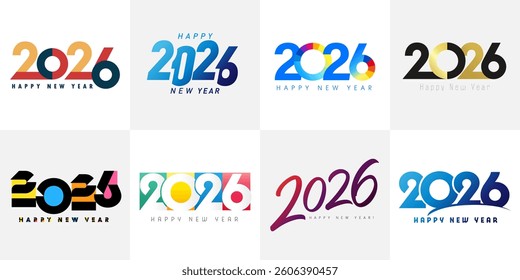 Big set of colorful 2026 number design template. Happy New Year 2026 colored logo design. Vector illustrations for greeting cards or calendar covers