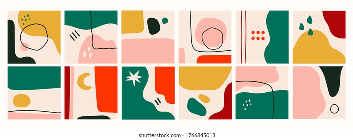Big Set of Colorful Abstract Backgrounds. Hand drawn various shapes and doodle objects. Contemporary modern trendy Vector illustrations. Every background is isolated. 