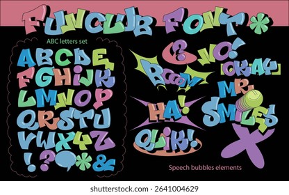  Big set of colorful alphabet and comical inscriptions speech bubbles. Font with playful letters in free graffiti style.