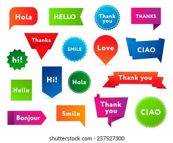 Big set of colorful banners in different shapes with Hello, Thank you, Smile, Love lettering. 