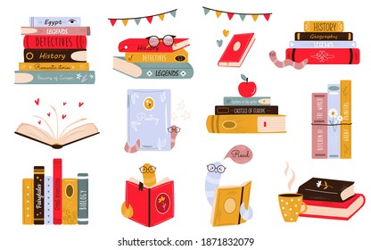 Big Set Of Colorful Books, Book Stacks, Piles. Hand Drawn Library With Funny Bookworm. Vector Illustrations In A Flat Style.