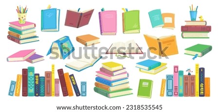 Big set of colorful books. They are open and close, lying in heaps and singly, standing in a row and ready for education. In cartoon style. Isolated on white background. Vector flat illustration