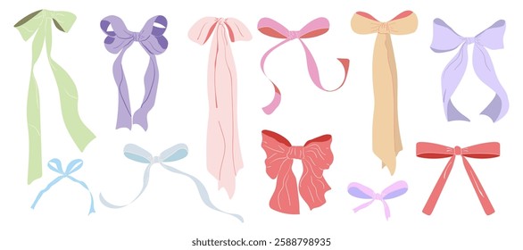 A big set of colorful bows with hand drawn ribbons. Girly design elements for weddings, bachelorette parties, and birthdays. Vector illustration. Isolated.