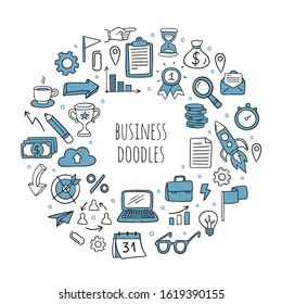 Big set of colorful business elements in doodle style. Cute Vector Illustration can be used in education, bank, It, SaaS, finance, marketing and other areas.