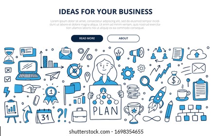 Gran conjunto de elementos de negocios coloridos y chica en estilo doodle. Cute Vector Illustration puede utilizarse en educación, banco, informática, SaaS, finanzas, marketing y otras áreas.