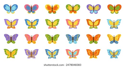 Big set of colorful butterflies. Collection of different butterflies.