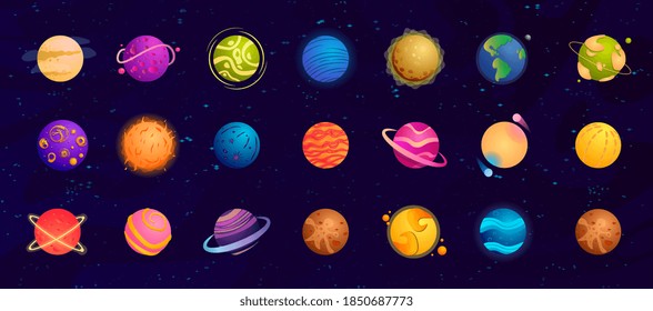 Big set of colorful cartoon planets. Fantasy abstract space objects vector illustration collection. Cosmic shapes for mobile and computer games. Flat vector illustration