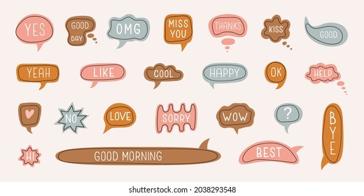 Big set of colorful cartoon speech bubbles with dialog boxes with phrases: happy, thanks, love , miss you, happy, good morning , sorry, bye, help . Modern vector illustration