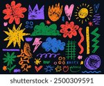 Big set colorful childish crayon drawn doodle. Kids pencil drawings, squiggles in childish girly style, flower, crown, stars. Template freehand cute kid scribbles. Vector bright color chalk icons.