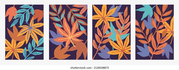 Big set of colorful contemporary posters. Vector template with hand drawn doodle leaves and branches. Summer nature background.