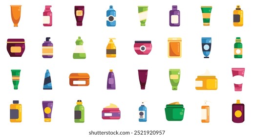 Big set of colorful cosmetic containers including bottles, tubes, jars and spray bottles for beauty and healthcare products