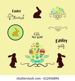 Big set of colorful decorative Easter elements for creating cards, invitation, backgrounds.