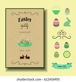 Big set of colorful decorative Easter elements for creating cards, invitation, backgrounds.