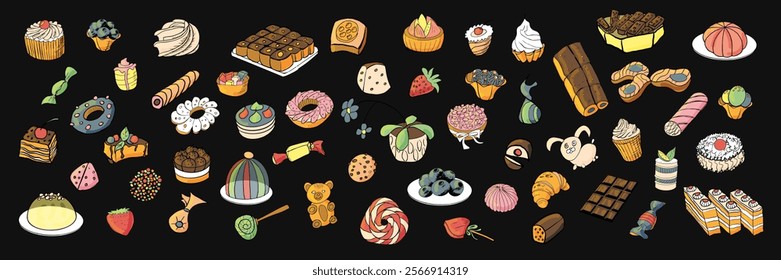 A big set of colorful desserts. Design for cafes, postcards, menus, advertising. Cakes, sweets, cakes, chocolate. Vector illustration on a black background.