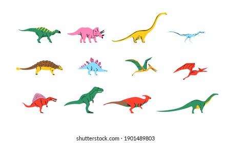 Big set of colorful dinosaur doodle illustration on isolated background. Trendy 90s style dinosaurs collection for educational concept or children design. Includes T-rex, triceratops, pterodactyl.