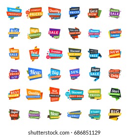 Big set of colorful discount and promotional sale origami stickers. Folded paper with advertising tags. Vector design elements for website, flyer, poster