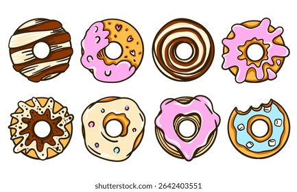 Big set of colorful donuts in glaze and chocolate. Tasty cartoon pastries with toppings. Flat vector illustration for cafe menu, bakery promo, food design, or dessert decoration.