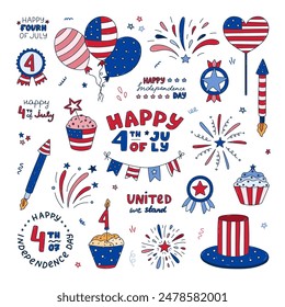 Big set with colorful doodles national symbols of American Independence day. Cute fireworks, Uncle Sam hat, cupcake, balloons, flag, lettering, etc. Hand drawn outline patriotic signs for 4th July.