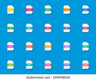 Big set of colorful file types. Document icons with different file types, extensions. File of pdf, doc, jpg, psd, gif, xls, ppt, html, txt and others. Web design graphic elements. Vector illustration