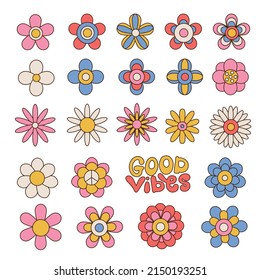 Big set of colorful floral geometric daisies. Groovy flowers collection in 70s hippie aesthetic. Funny multicolored botanical art print elements. Linear hand drawn vector illustration.