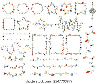 Big set of colorful garland lights in different shapes. Decoration elements for Christmas, birthday, party celebration design.