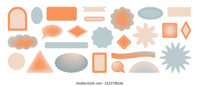 Big set with colorful geometric abstract shapes and borders. Gradient fill, calm colors. Templates set for social media, logotype, banners design etc. Vector illustrations isolated on white background
