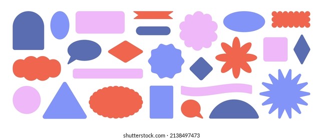 Big set with colorful geometric abstract shapes and borders. Calm colors. Templates set for social media, logotype, banners design etc. Vector illustrations isolated on white background