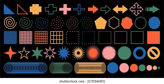Große Menge von bunten geometrischen Formen. Retro-Elemente für Web, Vintage, Werbung, Werbebanner, Poster, Flyer, Plakat, Plakat, Verkauf. Kollektion von trendigen, halbtonförmigen, geometrischen Formen.