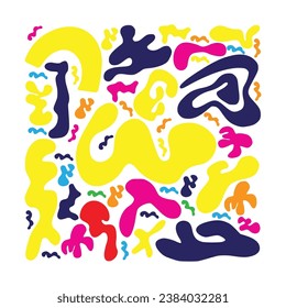 Big set of colorful geometric shapes in trendy riso graph print texture style. Diverse geometry isolated symbol bundle. Basic elements for children or creative design.