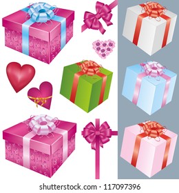 Big set of colorful gift boxes with bows and ribbons and holiday decorations isolated on white background. Vector illustration