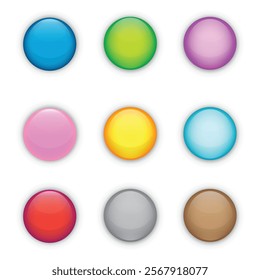 Big set of colorful glossy badge or button. 3d render. Round plastic pin, emblem, volunteer label. Vector.