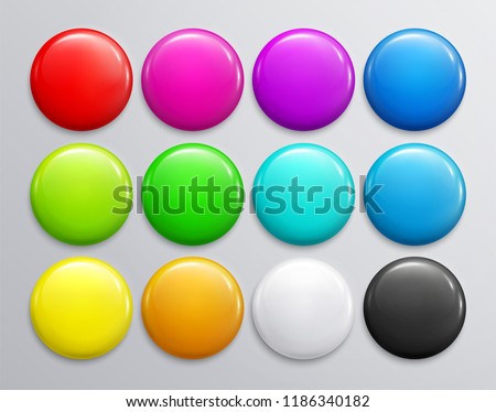 Big set of colorful glossy badge or button. 3d render. Round plastic pin, emblem, volunteer label. Vector. Stockfoto © 